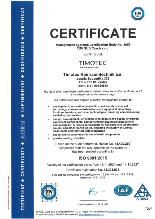 Timotec Reinraumtechnik a.s. _ ISO 9001:2015