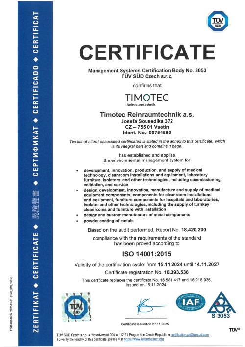 Timotec Reinraumtechnik a.s. _ ISO 14001:2015