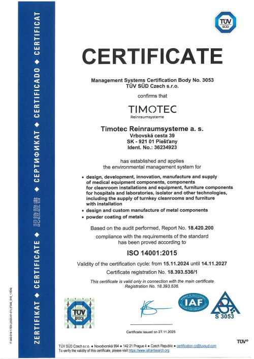 Timotec Reinraumsysteme a.s. _ ISO 14001:2015